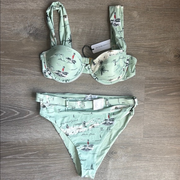 NEW WEWOREWHAT Claudia top & Emily bottom Bikini set in Hamptons Map Aqua Foam - Picture 2 of 8